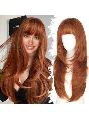 Ginger 26" Wig with Bangs, Synthetic Hair, Realistic 4x4 Scalp, Natural Look